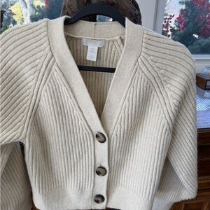 H&M Cream Ribbed V-Neck Button Front Cardigan